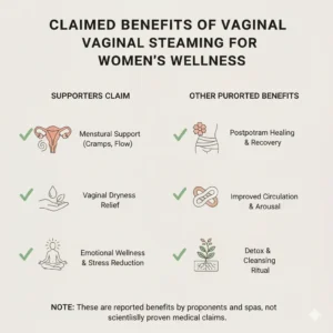 A grid of nine illustrated icons, each representing a claimed benefit of vaginal steaming. The icons include a moon and flower for "Menstrual Support," hands holding a leafy plant for "Postpartum Healing," a serene face with glowing lines for "Emotional Wellness," a leaf wrapped in a ribbon for "Vaginal Dryness Relief," a twisted ribbon for "Stress & Arousal Connection," a plant with bubbles for "Detox & Cleansing Ritual," and a swirling pattern for "Improved Circulation & Relaxation."