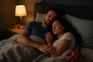 Happy couple cuddling in bed during their bedtime routine, showing couples bedtime rituals that boost intimacy and emotional connection.