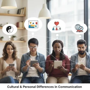 Four diverse individuals sitting side-by-side, each looking at a tablet or phone. Above their heads are thought bubbles containing various cultural and personal symbols, such as a Yin and Yang, abstract art, music notes with a heart, and a globe with a compass. The text "Cultural & Personal Differences in Communication" is at the bottom.