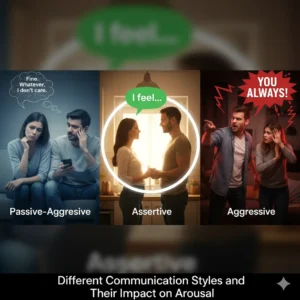 A triptych showing three different communication styles. On the left, a passive-aggressive couple; in the center, an assertive couple with speech bubbles saying "I feel..."; on the right, an aggressive couple arguing with a "YOU ALWAYS!" speech bubble. The title "Different Communication Styles and Their Impact on Arousal" is at the bottom.