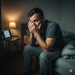 A man sits hunched on the edge of a bed, his head in his hands, representing the emotional distress and anxiety of how stress affects male libido and desire.