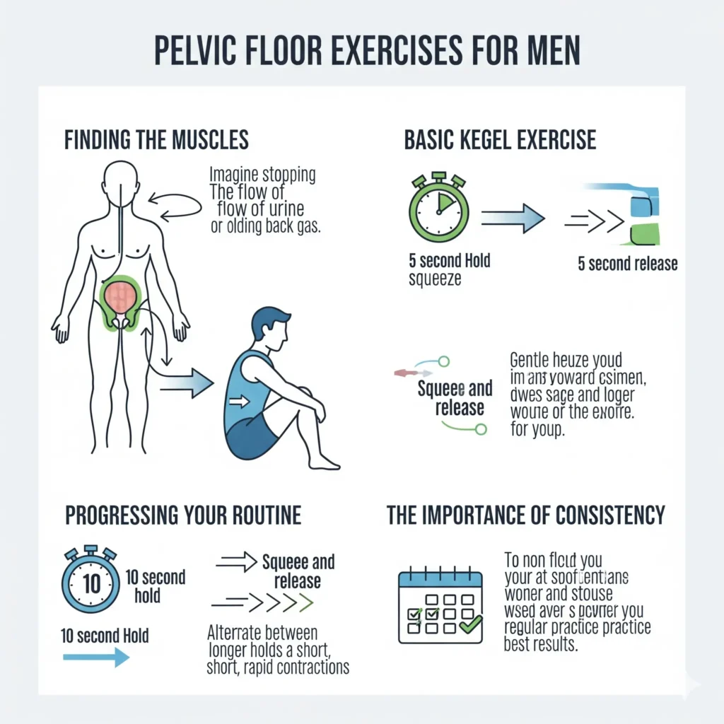 Title
How to Do Pelvic Floor Exercises (Kegels for Men)

Alt Text
An infographic guide on how to perform pelvic floor exercises for men. It includes four sections: "Finding the Muscles" with an anatomical illustration, "Basic Kegel Exercise" with a timer showing a 5-second hold and release, "Progressing Your Routine" with details on longer holds and quick squeezes, and "The Importance of Consistency" showing a calendar.