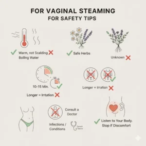 A safety-focused infographic with four icons and accompanying text. The icons are: a thermometer for "Never use boiling water," a chamomile plant for "Choose safe herbs," a timer for "Limit time (10–15 minutes)," and a cross mark over a pregnant belly for "Not for everyone." The image visually summarizes the key safety tips for vaginal steaming.