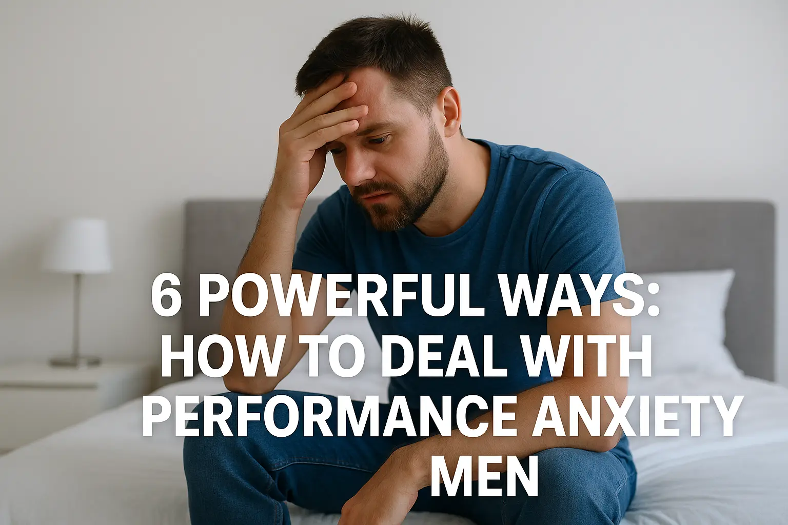 A man sitting on the edge of a bed looking stressed, representing how to deal with performance anxiety in men and ways to improve sexual confidence.