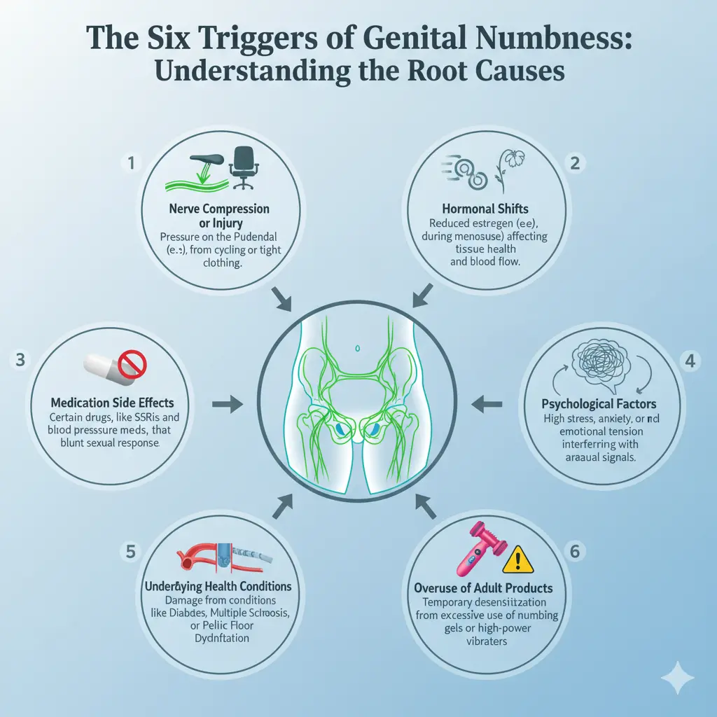 Infographic showing the 6 primary causes of genital numbness including nerve compression, hormonal shifts, medication side effects, and underlying health conditions.
