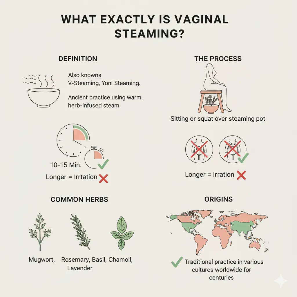 An illustration of a wooden vaginal steam seat over a steaming ceramic bowl. Dried herbs and flower petals are scattered around the base, and a hand is shown hovering above the steam to test the temperature. This image represents the setup for the ritual.