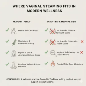 An infographic-style image showing a woman meditating with a relaxed, upright posture in a modern, calming space. The image visually connects the ancient practice of vaginal steaming (represented by a stylized steam symbol) with modern self-care rituals like yoga and mindfulness, suggesting it as a part of a holistic wellness routine.