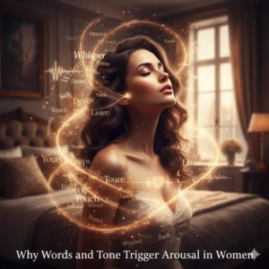 A woman with her eyes closed, looking serene, surrounded by glowing words like "Whisper," "Desire," "Touch," and "Listen" forming an aura, with heart rate lines and waveforms. The text "Why Words and Tone Trigger Arousal in Women" is at the bottom.
