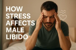 A man lies on his bed, his face tear-streaked, contemplating how stress affects male libido.