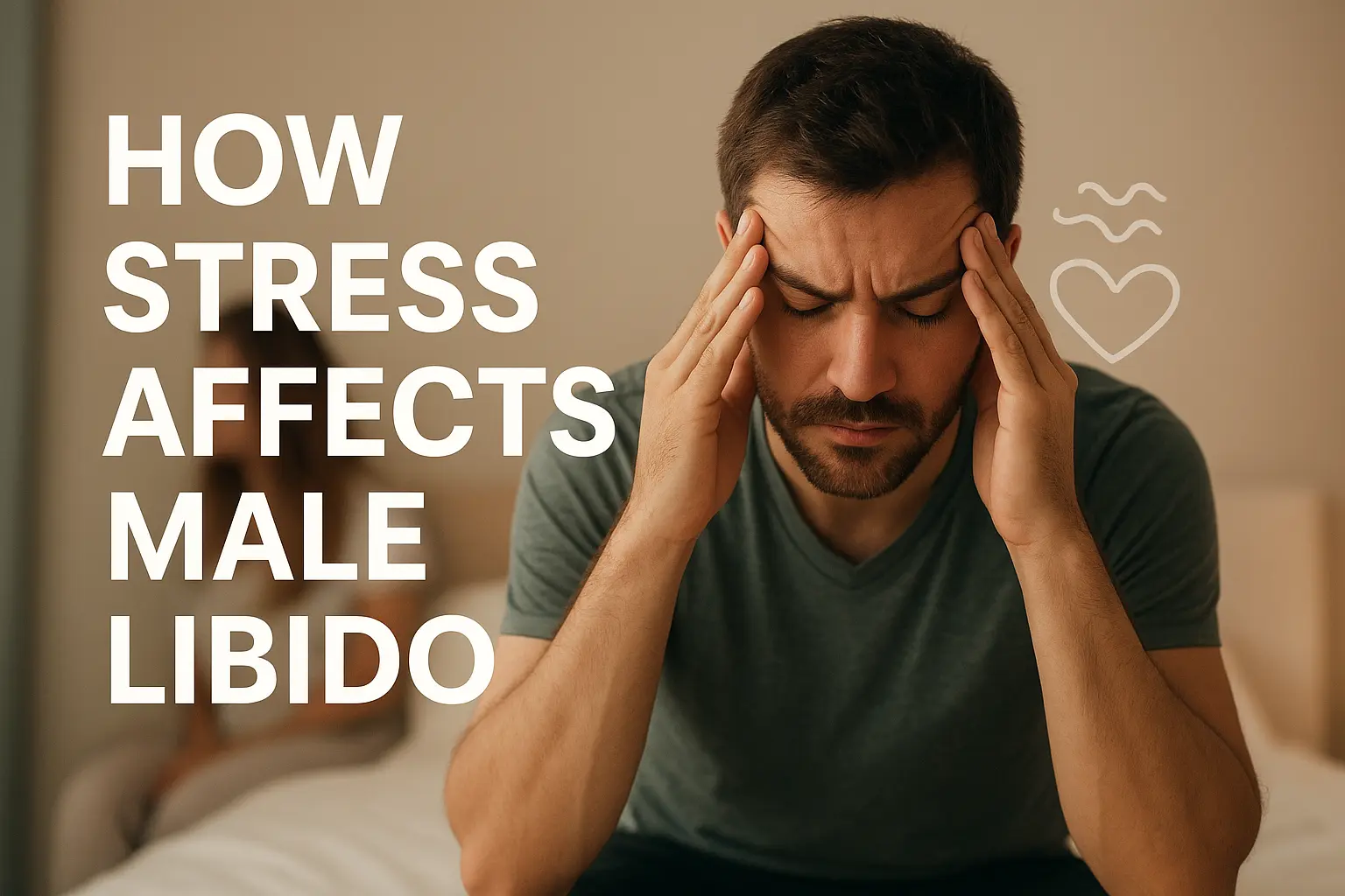 A man lies on his bed, his face tear-streaked, contemplating how stress affects male libido.