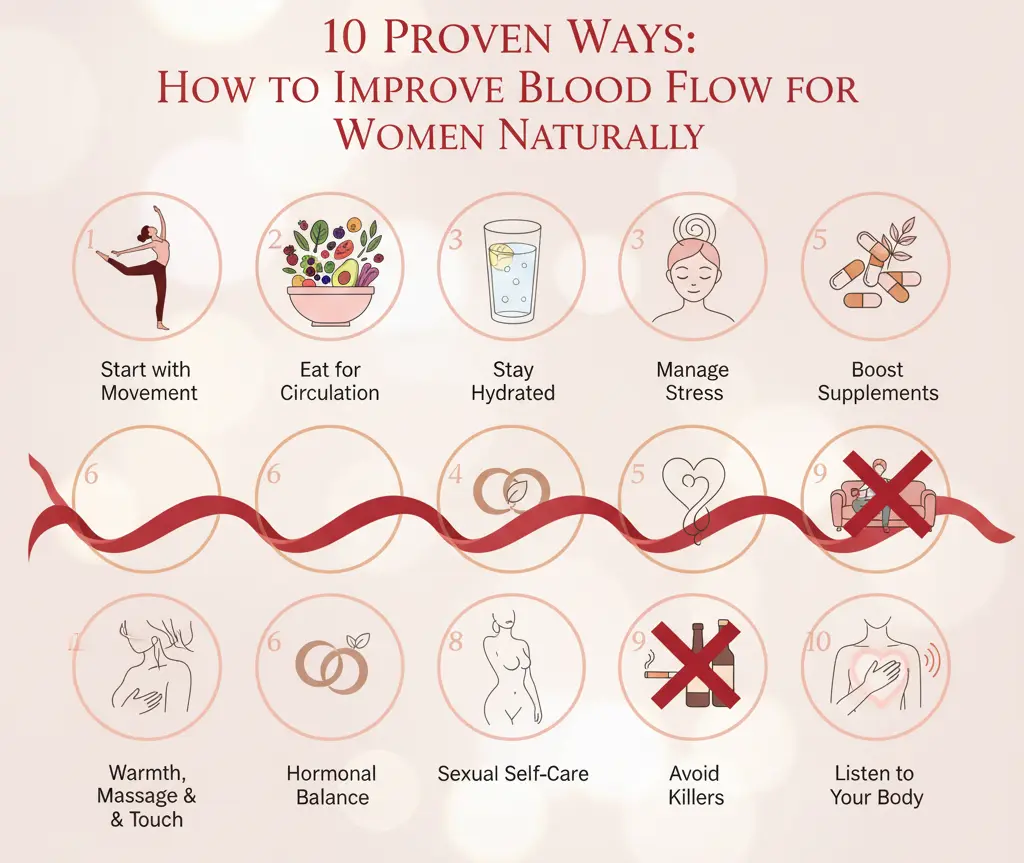 An infographic titled "10 Proven Ways: How to Improve Blood Flow for Women Naturally." It displays ten circular icons, each representing a method: 1. A woman doing yoga (Movement), 2. A bowl of fruits and vegetables (Eat for Circulation), 3. A glass of water (Stay Hydrated), 4. A calm woman (Manage Stress), 5. Pills/supplements (Boost Supplements), 6. A woman's hands giving a massage (Warmth, Massage & Touch), 7. Two intertwined rings symbolizing balance (Hormonal Balance), 8. A female silhouette (Sexual Self-Care), 9. A crossed-out cigarette and alcohol bottle (Avoid Killers), and 10. A woman listening to her chest/heart (Listen to Your Body). A wavy ribbon-like element connects the numbered circles, emphasizing flow.