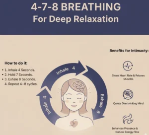 An infographic illustrating the 4-7-8 Breathing Method for deep sexual relaxation. The visual shows the three main steps with their timing: Inhale through the nose for 4 counts, Hold the breath for 7 counts, and Exhale slowly through the mouth for 8 counts. The accompanying text emphasizes the benefits for intimacy, such as slowing the heart rate, quieting the mind, and reducing overthinking and anxiety.