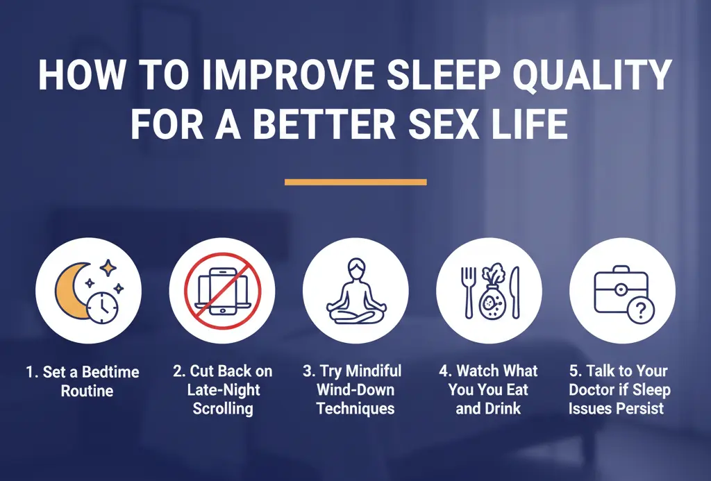 An informational chart illustrating five steps to improve sleep for better sexual health. The tips are represented by icons and keywords: 1. Bedtime routine (clock and moon), 2. Cut back late-night scrolling (phone screen with 'X' mark), 3. Mindful wind-down techniques (meditation/yoga pose), 4. Watch what you eat and drink (food and drink icons), and 5. Talk to your doctor (medical cross/doctor symbol). The central theme emphasizes the connection between restorative rest and increased desire/intimacy.