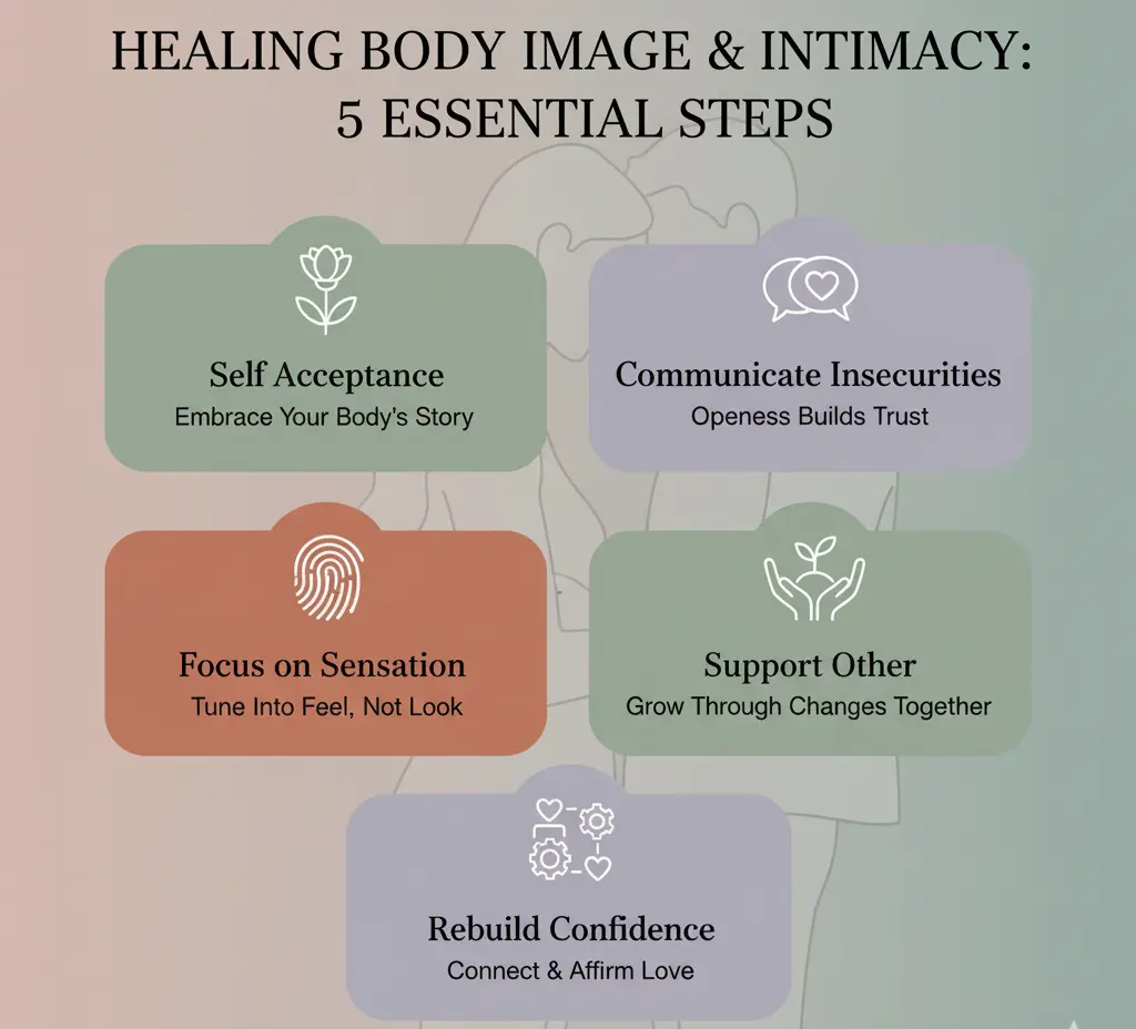 An infographic summarizing the 5 steps to improve body image and intimate connection: 1. Start with Self-Acceptance, 2. Communicate Insecurities with your Partner, 3. Focus on Sensation, Not Appearance, 4. Support Each Other Through Change, and 5. Rebuild Confidence Through Connection.