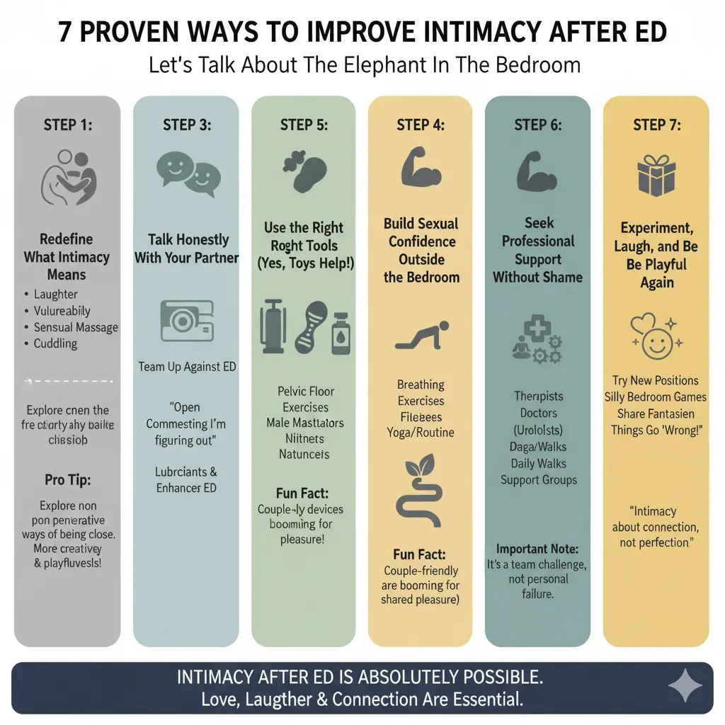 Infographic outlining 7 steps for couples to rebuild intimacy after a man experiences erectile dysfunction (ED). The steps include: Redefine What Intimacy Means; Talk Honestly With Your Partner; Use the Right Tools (Toys Help!); Build Sexual Confidence Outside the Bedroom with exercises; Manage Stress; Seek Professional Support; and Experiment, Laugh, and Be Playful Again. The main message is that intimacy is measured by connection, not performance.