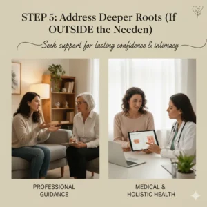 A split image showing a woman talking to a therapist or coach, representing professional guidance for body image issues, and another woman consulting with a female doctor who is showing her a medical diagram on a tablet, symbolizing medical and holistic health support.