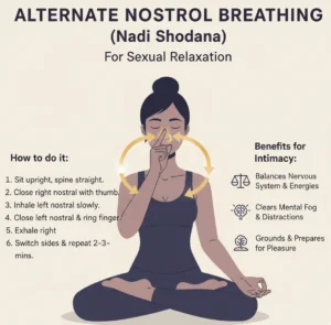 An informational graphic illustrating Alternate Nostril Breathing, also known as Nadi Shodhana, for sexual relaxation. A person is shown sitting upright in a comfortable position, using their right hand to alternate closing the left and right nostrils. The text details the steps: sit upright, close right nostril with thumb, inhale left, close left nostril, exhale right, then switch sides. Benefits listed include balancing the nervous system, harmonizing energies, clearing mental fog, and promoting full presence before intimacy.