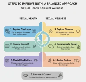 An informational diagram titled "Steps to Improve Both: A Balanced Approach to Sexual Health & Sexual Wellness." It presents a circular flow divided into seven key steps: 1. Regular Check-ups (for sexual health), 2. Educate Yourself (for sexual health), 3. Explore Pleasure (for sexual wellness), 4. Communicate Openly (for sexual wellness), 5. Mental Health Care (benefiting both), 6. Lifestyle Factors (benefiting both), and 7. Respect & Consent (the foundational element). Icons accompany each step, visually representing the concepts.
