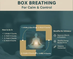 An informational graphic illustrating Box Breathing for calm and control, particularly for sexual relaxation. The central image shows a person meditating, surrounded by a square cycle with four steps: '1. Inhale 4 Counts,' '2. Hold 4 Counts,' '3. Exhale 4 Counts,' and '4. Hold 4 Counts' (referring to the pause before the next inhale). Text on the left also lists 'How to do it' with the same four steps. On the right, 'Benefits for Intimacy' are listed: Balances Mind & Emotions, Steadies Energy & Boosts Focus, and Deepens Connection.
