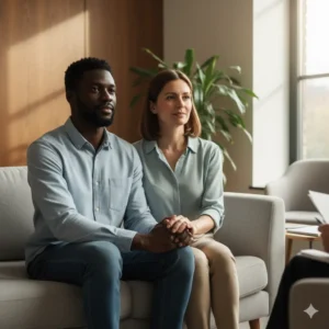 A couple sitting side-by-side on a therapist's couch, holding hands and looking forward with calm, collaborative expressions, symbolizing a team effort in seeking professional relationship help.