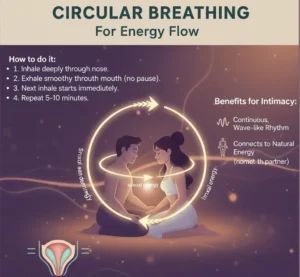 An infographic illustrating Circular Breathing, a technique rooted in Tantric and Taoist practices for sexual relaxation. The visual shows a continuous, wave-like cycle, emphasizing the seamless transition between inhale and exhale. The instructions are listed: Inhale deeply through the nose, Exhale smoothly through the mouth, and immediately start the next inhale without pausing. Key benefits highlighted are circulating sexual energy, creating a gentle tingling sensation, and syncing breaths for deeper emotional and physical connection with a partner.