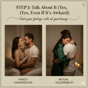 A split image showing a heterosexual couple looking into each other's eyes during an honest conversation, and the same couple embracing tightly, symbolizing mutual vulnerability and support during sex.