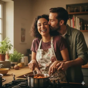 A man kissing a woman on the cheek while they are cooking and stirring a pot together in a bright kitchen. The woman is laughing, emphasizing playful, non-sexual intimacy and connection outside the bedroom.