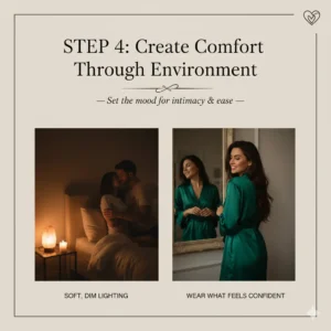 A split image showing a couple cuddling in a bed lit by soft, dim lighting and candles, and a confident woman smiling at her reflection while wearing a green silky robe, suggesting choosing attire that makes you feel good.