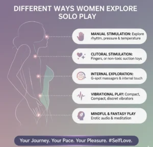 An infographic illustrating five different ways women engage in solo play: Manual Stimulation (exploring rhythm, pressure, and temperature), Clitoral Stimulation (using fingers or non-toxic suction toys), Internal Exploration (G-spot massagers and internal touch), Vibrational Play (compact, discreet vibrators), and Mindful & Fantasy Play (erotic audio and meditation). The image emphasizes "Your Journey. Your Pace. Your Pleasure. #SelfLove. It's Normal. It's Wellness."