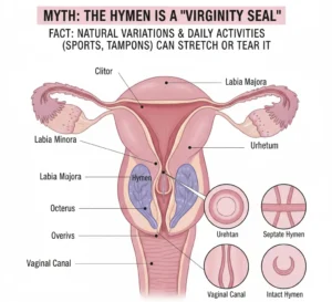 Anatomical diagram of the female reproductive system with labels for the clitoris, labia majora, labia minora, vaginal canal, and hymen, showing various hymen types like septate and intact. The diagram debunks the myth that the hymen is a 'virginity seal,' noting it can stretch or tear from daily activities.