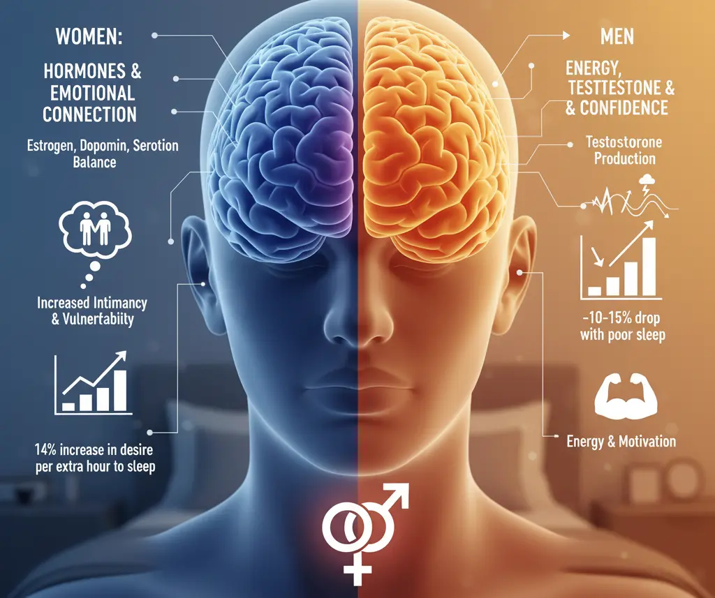 An informational split image showing gender differences in the impact of sleep quality on sexual desire, depicted on a human head with a brain illustration. The left (blue) side represents women, highlighting hormones like estrogen, dopamine, and serotonin for emotional connection, increased intimacy/vulnerability, and a 14% increase in desire per extra hour of sleep. The right (orange) side represents men, focusing on energy, testosterone, and confidence, showing disrupted testosterone production, a 10-15% drop with poor sleep, and reduced energy/motivation. Gender symbols are shown at the bottom.