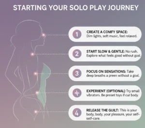 An infographic outlining five steps for women new to solo play. The steps are: 1. Create a Comfy Space (dim lights, soft music), 2. Start Slow & Gentle (no rush, explore what feels good), 3. Focus on Sensations (take deep breaths, be present), 4. Experiment (Optional - try small vibrators or toys), and 5. Release the Guilt (embrace it as self-care). The image encourages self-love and exploration.
