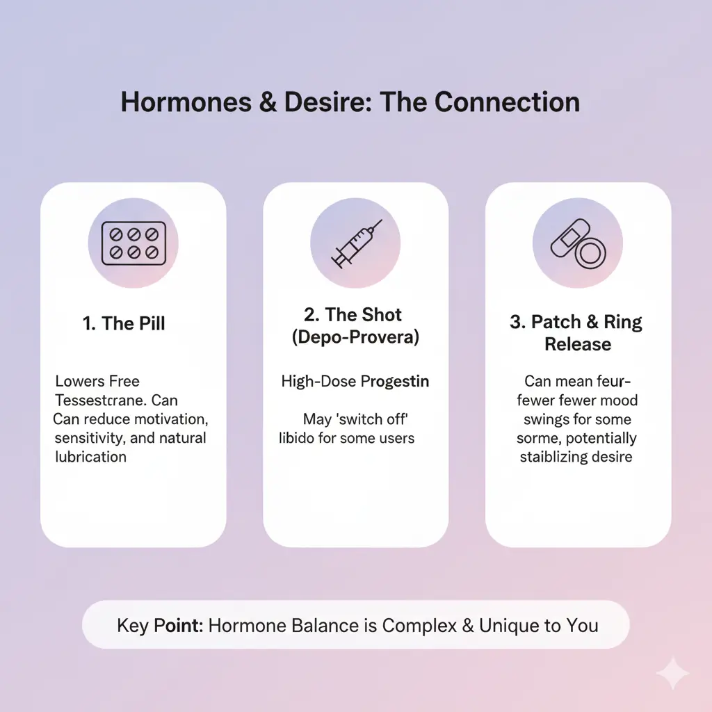 Infographic explaining the three main hormonal mechanisms by which contraception can affect sexual desire: 1. Oral contraceptives (The Pill) can lower free testosterone; 2. The Shot (Depo-Provera) delivers high progestin which can blunt libido; 3. The Ring or Patch provides steady hormone release, which can lead to stable desire for some users.