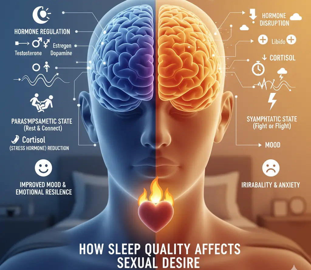An informational split image comparing the effects of good sleep (left, blue side) versus poor sleep (right, orange side) on sexual desire, depicted on a human head with a brain illustration. The good sleep side shows hormone regulation (testosterone, estrogen, dopamine), a parasympathetic (rest & connect) state with cortisol reduction, and improved mood. The poor sleep side shows hormone disruption, decreased libido, increased cortisol, a sympathetic (fight or flight) state, and irritability/anxiety. A heart with flames is at the bottom, symbolizing desire.