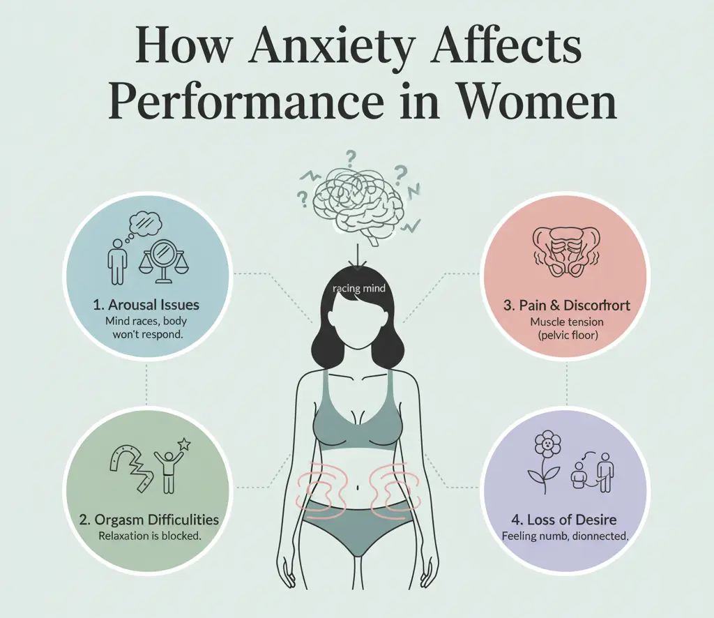 An informational graphic titled 'How Anxiety Affects Sexual Performance in Women,' showing a woman with a racing mind. Four circular icons around her illustrate the effects: 1. Arousal Issues (mind races, body won't respond), 2. Orgasm Difficulties (relaxation is blocked), 3. Pain & Discomfort (muscle tension, pelvic floor), 4. Loss of Desire (feeling numb, disconnected). A banner at the bottom reads 'The Mind-Body Tug-of-War: Anxiety Triggers Fight-or-Flight.'