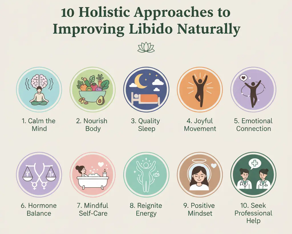 10 Holistic Approaches to Improving Libido Naturally Infographic. Includes visual icons for: Calm Mind (Stress Management), Nourish Body (Diet), Quality Sleep, Joyful Movement, Emotional Connection, Hormone Balance, Mindful Self-Care, Reignite Energy, Positive Mindset (Body Image), and Seeking Professional Support.