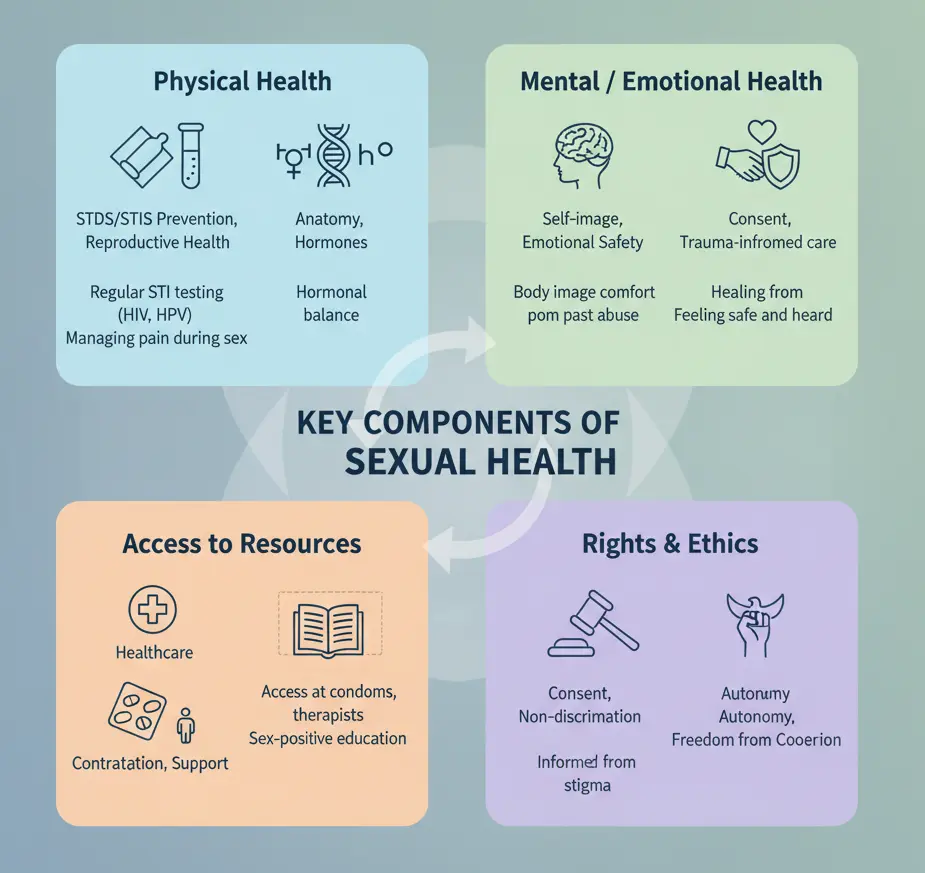 An informational diagram titled "Key Components of Sexual Health," showing four interconnected quadrants: "Physical Health" (with icons for testing, anatomy, hormones), "Mental / Emotional Health" (with icons for brain, self-esteem, consent, trauma care), "Access to Resources" (with icons for healthcare, contraception, education), and "Rights & Ethics" (with icons for legal judgment, non-discrimination, autonomy). Arrows in the center indicate these components are interconnected.