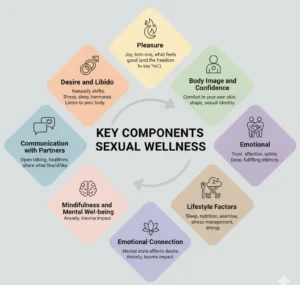 An informational diagram detailing the key aspects of Sexual Wellness, structured around seven main pillars: Pleasure (joy, freedom to say no), Desire/Libido (hormones, stress, sleep), Body Image & Confidence (self-esteem, identity), Communication (boundaries, sharing desires), Emotional Connection (trust, safety, affection), Mindfulness/Mental Well-being (anxiety, trauma), and Lifestyle Factors (sleep, nutrition, exercise). Arrows indicate these elements are interconnected and holistic.