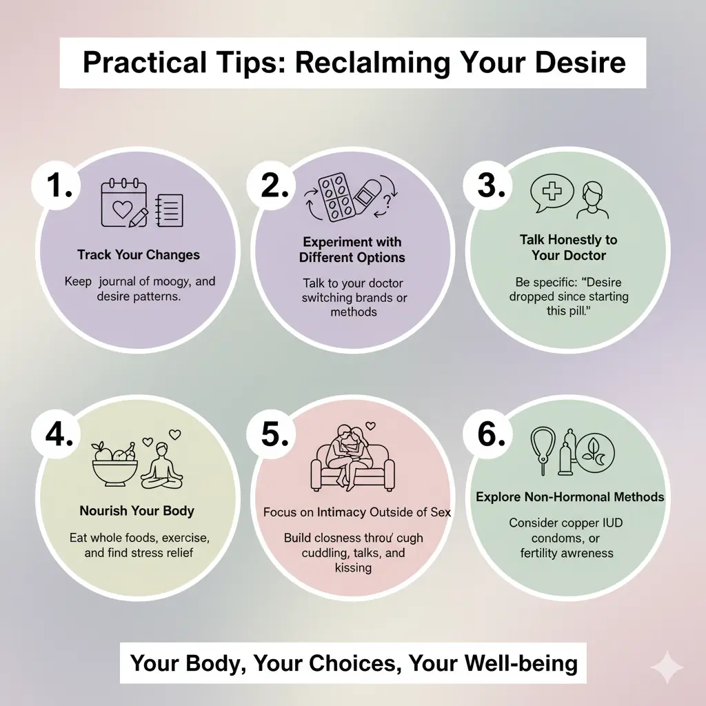 Practical tips infographic for women struggling with libido changes due to hormonal contraception. The six steps shown are: 1. Track Your Changes, 2. Experiment with different options, 3. Talk honestly to your doctor, 4. Nourish your body, 5. Focus on intimacy outside of sex, and 6. Explore non-hormonal methods.