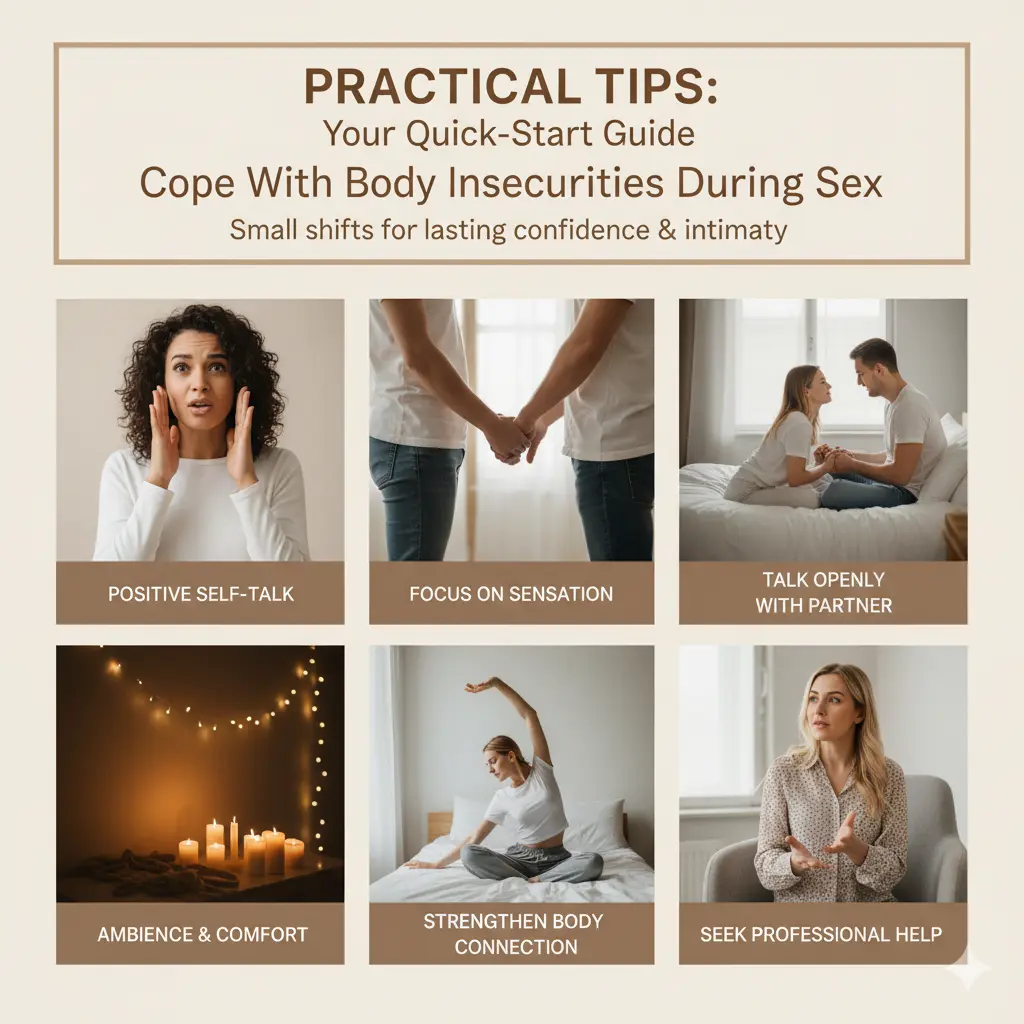 A visual infographic or grid summarizing the key strategies from the article: 1) Focus on sensations, not appearance, 2) Talk openly with your partner, 3) Practice positive self-talk, 4) Use soft lighting or music, and 5) Strengthen your body connection. (This alt text assumes the image is a graphic summarizing all the bullet points in the "Practical Tips" list).