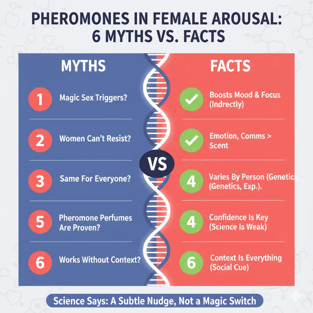Infographic summarizing the 6 myths versus facts about pheromones and female arousal, highlighting that pheromones boost mood and focus indirectly but hormones and emotional connection are the main drivers of desire, concluding they are a subtle nudge, not a magic switch.