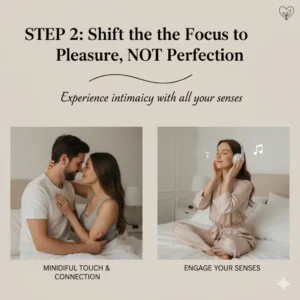 A split image showing a loving heterosexual couple embracing in bed, representing mindful touch and connection, and a woman meditating with headphones, symbolizing engaging senses for pleasure over appearance.