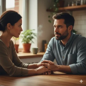 A diverse couple sitting at a kitchen table, looking sincerely into each other's eyes while holding hands. The scene is warm and emphasizes compassionate communication and emotional support during a serious conversation.