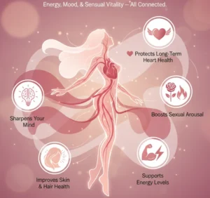 An infographic illustrating the benefits of healthy blood flow for women, showing a glowing female silhouette with blood vessels highlighted. Surrounding her are icons and text points: "Protects Long-Term Heart Health" (heart with wings), "Boosts Sexual Arousal" (rose and flame), "Supports Energy Levels" (arm with lightning bolt), "Improves Skin & Hair Health" (woman's profile with glowing hair), and "Sharpens Your Mind" (lightbulb inside a brain). The overall tone is vibrant and health-focused.