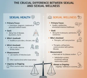 An informational side-by-side comparison diagram illustrating the differences between Sexual Health and Sexual Wellness. Under "Sexual Health," key aspects listed are: Primary Focus (prevention/treatment of physical issues), Goal (free of disease), Who's Involved (healthcare providers), Measurement (lab results, absence of infection), and Urgency (often reactive). Under "Sexual Wellness," key aspects are: Primary Focus (quality, satisfaction, fulfillment), Goal (full of pleasure, connection), Who's Involved (therapists, self-care), Measurement (satisfaction, emotional well-being), and Urgency (always ongoing). A balanced scale at the bottom visually represents the distinct yet complementary nature of the two concepts.