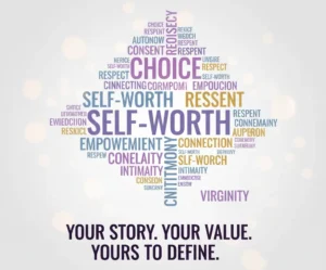 Word cloud shaped like a diamond, with large, prominent words such as 'Self-Worth,' 'Choice,' 'Respect,' 'Empowerment,' 'Connection,' 'Consent,' and 'Intimacy.' The word 'Virginity' appears much smaller at the bottom. The caption reads: 'YOUR STORY. YOUR VALUE. YOURS TO DEFINE.