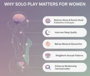 An infographic illustrating the benefits of solo play for women, showing a silhouette of a woman with lines connecting to a brain and heart, alongside five bullet points: Reduces Stress & Boosts Mood (Endorphins & Oxytocin), Improves Sleep Quality, Relieves Menstrual Discomfort, Strengthens Arousal Patterns, and Enhances Relationship Communication. Below, it highlights that "90%+ Women Engage in Solo Play (OMGYes & Kinsey Institute)" with the message "It's Normal. It's Wellness."