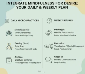 Infographic showing a daily and weekly plan to integrate mindfulness techniques for desire, including morning mindful breathing, evening body scans, and weekly mindful touch, to foster consistent practice.