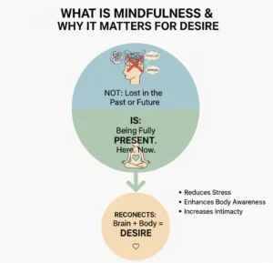 Infographic explaining what mindfulness is (being present, not lost in worries) and why it matters for desire, showing it reconnects the brain and body to increase intimacy and reduce stress.