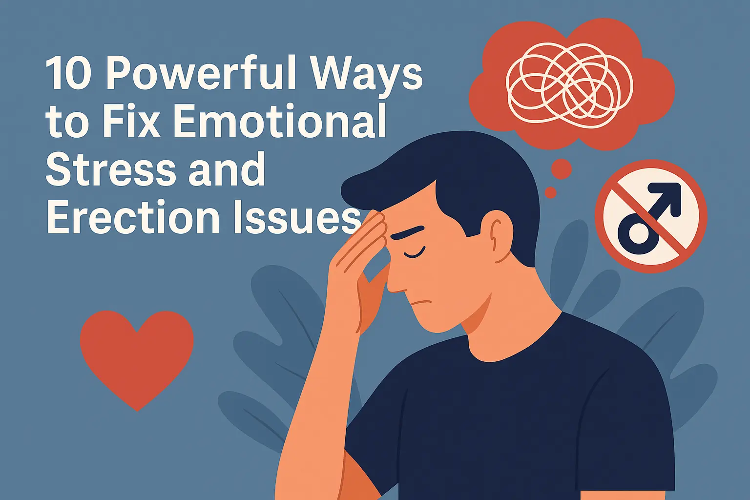 Illustration of a stressed man thinking deeply, representing emotional stress and erection issues, used as the feature image for a sexual wellness guide.